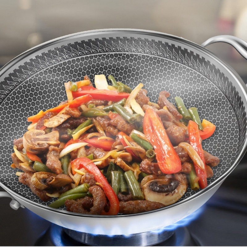 Honeycomb Laser Coated Wok With Lid β Dual Handle Stainless Steel Karahi