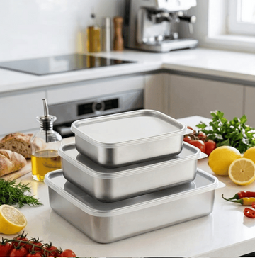 Set of 3 – Japanese Style Shallow Stainless Steel Refrigerator Storage Boxes