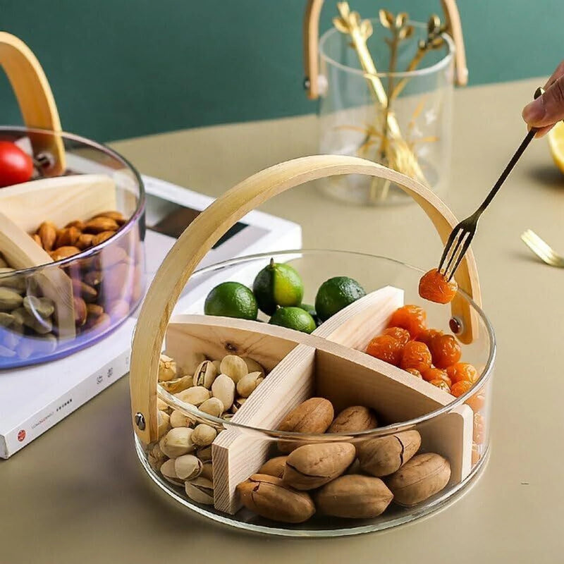 2200ml Nordic Style Glass Basket with Wooden Handle & Divider