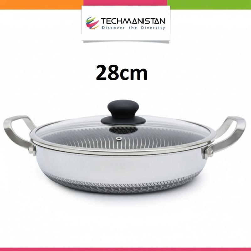 Flat Bottom Double Sided Laser Coated Honeycomb Layer Frying Pan With Lid & Dual Handle