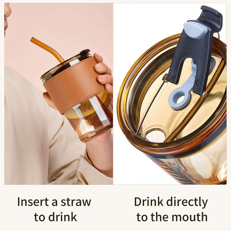 350ml Glass Tumbler with Straw & Leather Sleeve - Techmanistan in Pakistan