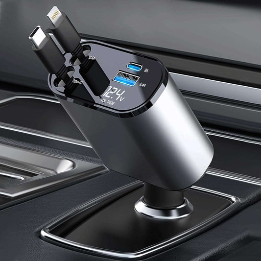 4 - in - 1 Car Fast Charger with RetrAactable iPhone & Type - C Cables, PD & USB Ports – Universal Multi - Device Charging Solution - Techmanistan in Pakistan