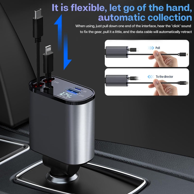 4 - in - 1 Car Fast Charger with RetrAactable iPhone & Type - C Cables, PD & USB Ports – Universal Multi - Device Charging Solution - Techmanistan in Pakistan