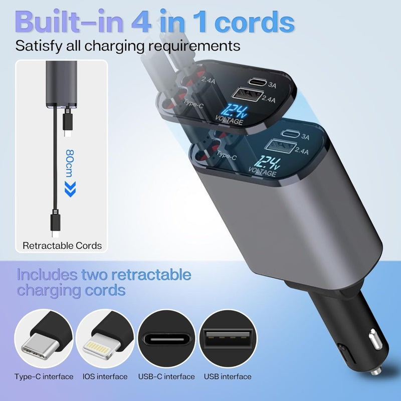 4 - in - 1 Car Fast Charger with RetrAactable iPhone & Type - C Cables, PD & USB Ports – Universal Multi - Device Charging Solution - Techmanistan in Pakistan