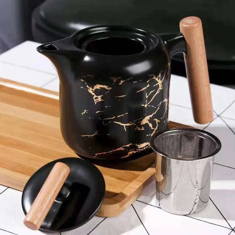 4 Pieces Tea Cups With Teapot & Wooden Tray - Techmanistan in Pakistan