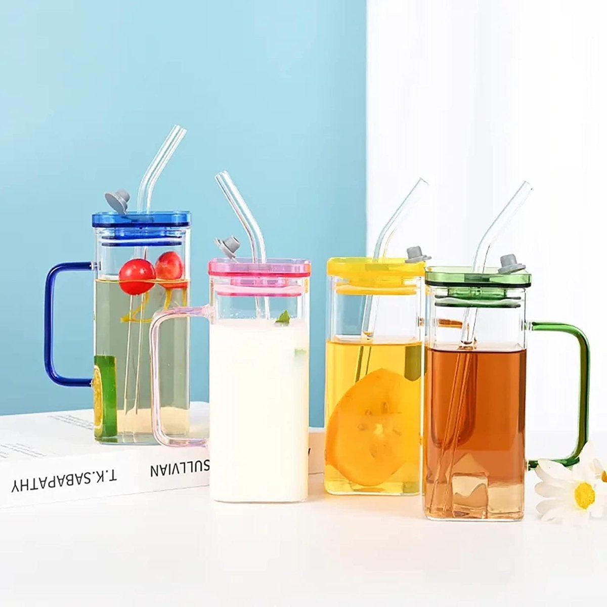 400ml Square Glass Mug With Handle, Straw & Lid - Techmanistan in Pakistan