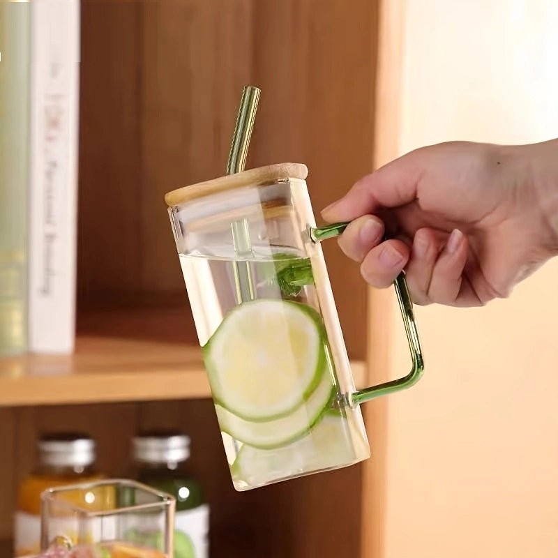 400ml Square Glass Mug With Handle, Straw & Wooden Lid - Techmanistan in Pakistan