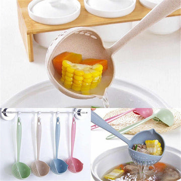Random Color 2in1 Long Handle Soup Spoon & Colander Strainer, Wheat Straw Soup Colander Spoon Strainer Long Handle Hot Pot Soup Spoon, Colander Soup Strainer With Filter Holes My Store