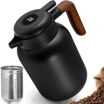 Random Color - 2000ml Temperature Display Vacuum Coffee Pot With Wooden Handle Techmanistan