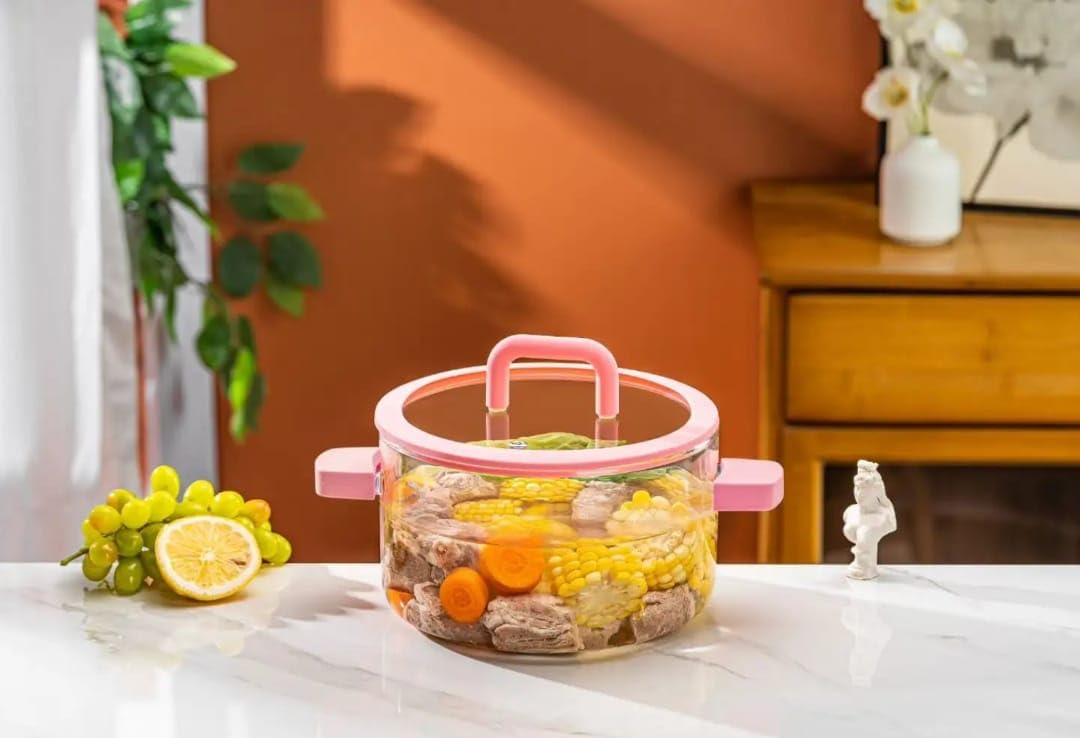 Heat Resistant Clear Glass Pot with Lid & Fire Proof Handles