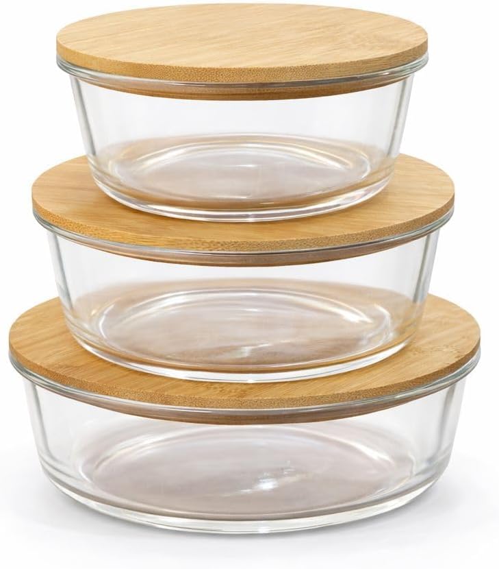 Set of 3 Glass Oven-Safe Containers with Bamboo Wooden Lids