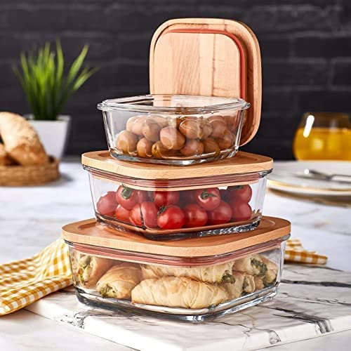 Set of 3 Glass Oven-Safe Containers with Bamboo Wooden Lids