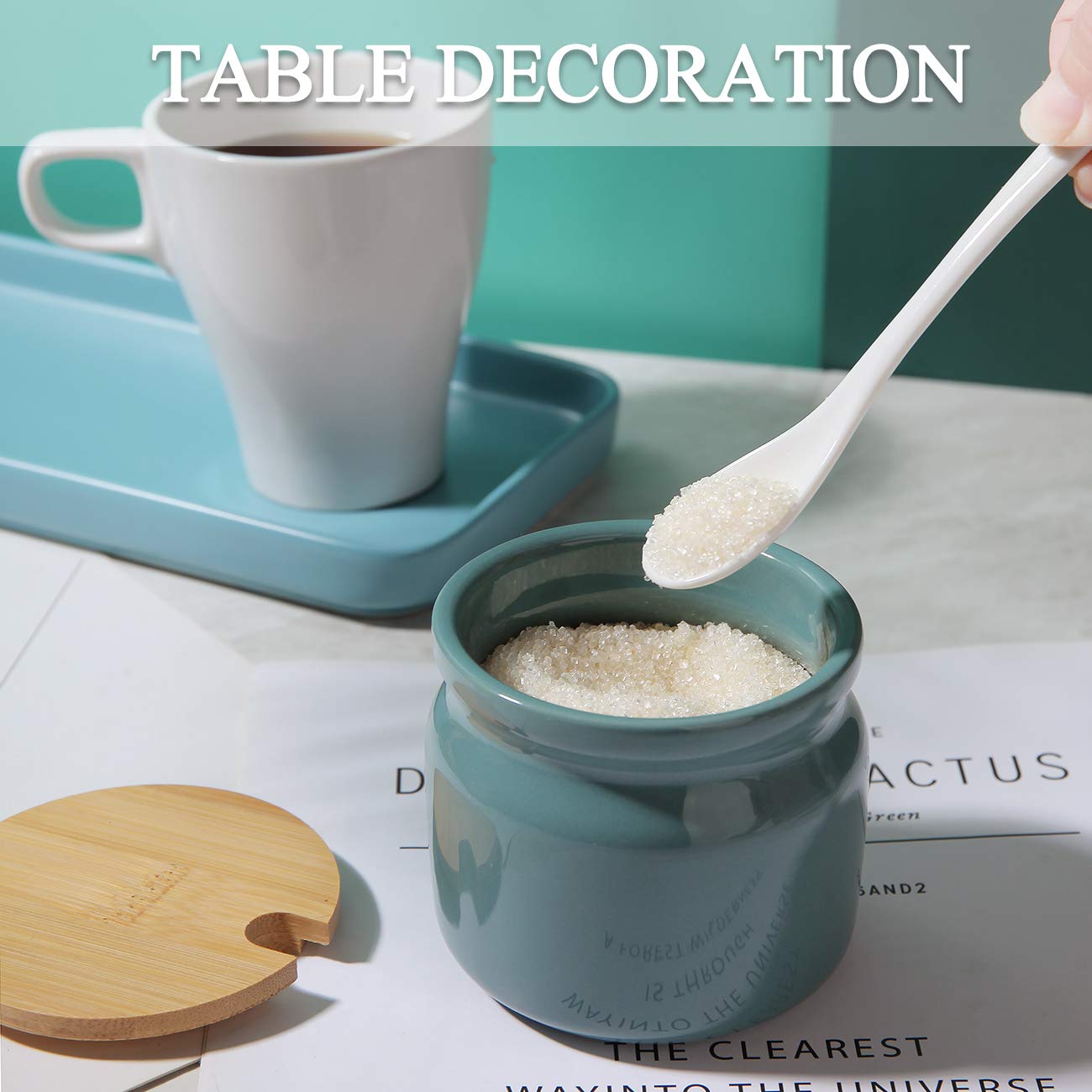 Ceramic Sugar Pot with Spoon & Wooden Lid