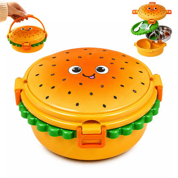 Burger Shaped 2-Compartments Bento Box with Steel Cutlery
