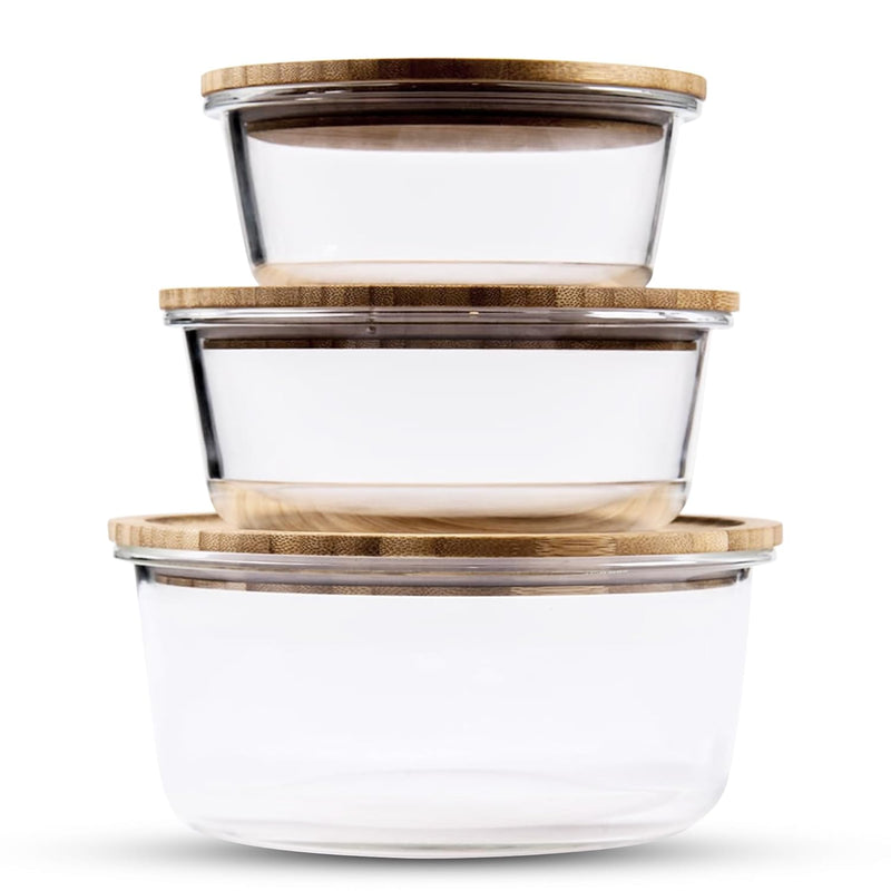 Set of 3 Glass Oven-Safe Containers with Bamboo Wooden Lids