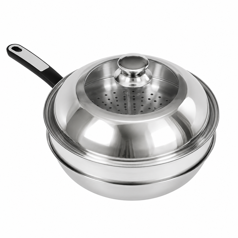 34cm Double Sided Laser Coated Stainless Steel Wok with Steamer