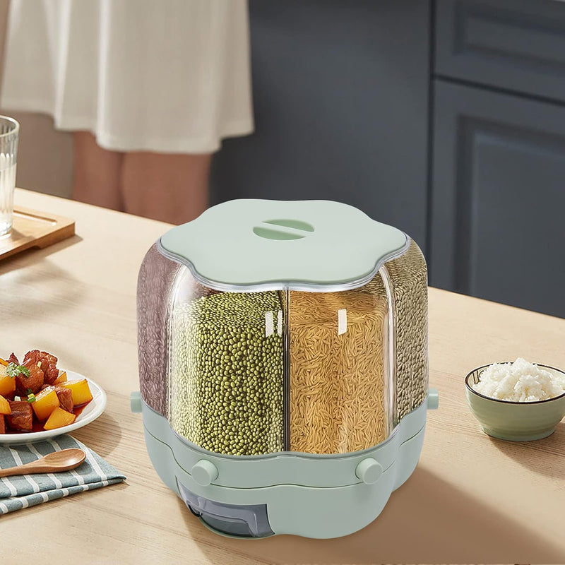 6-Compartment Rotating Rice Storage Dispenser – Flower Pattern, 7L Cereal Container