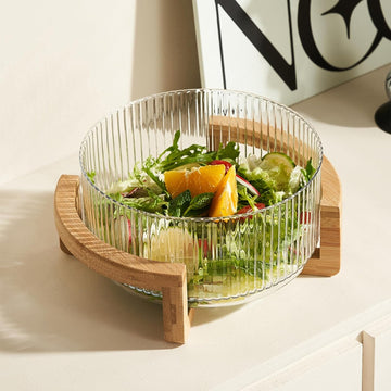 Ribbed Glass Salad Bowl with Wooden Stand, Mixing Bowl