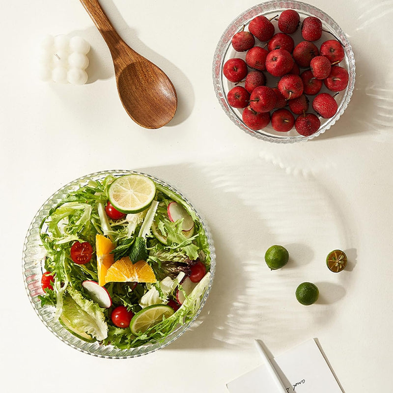 Ribbed Glass Salad Bowl with Wooden Stand, Mixing Bowl