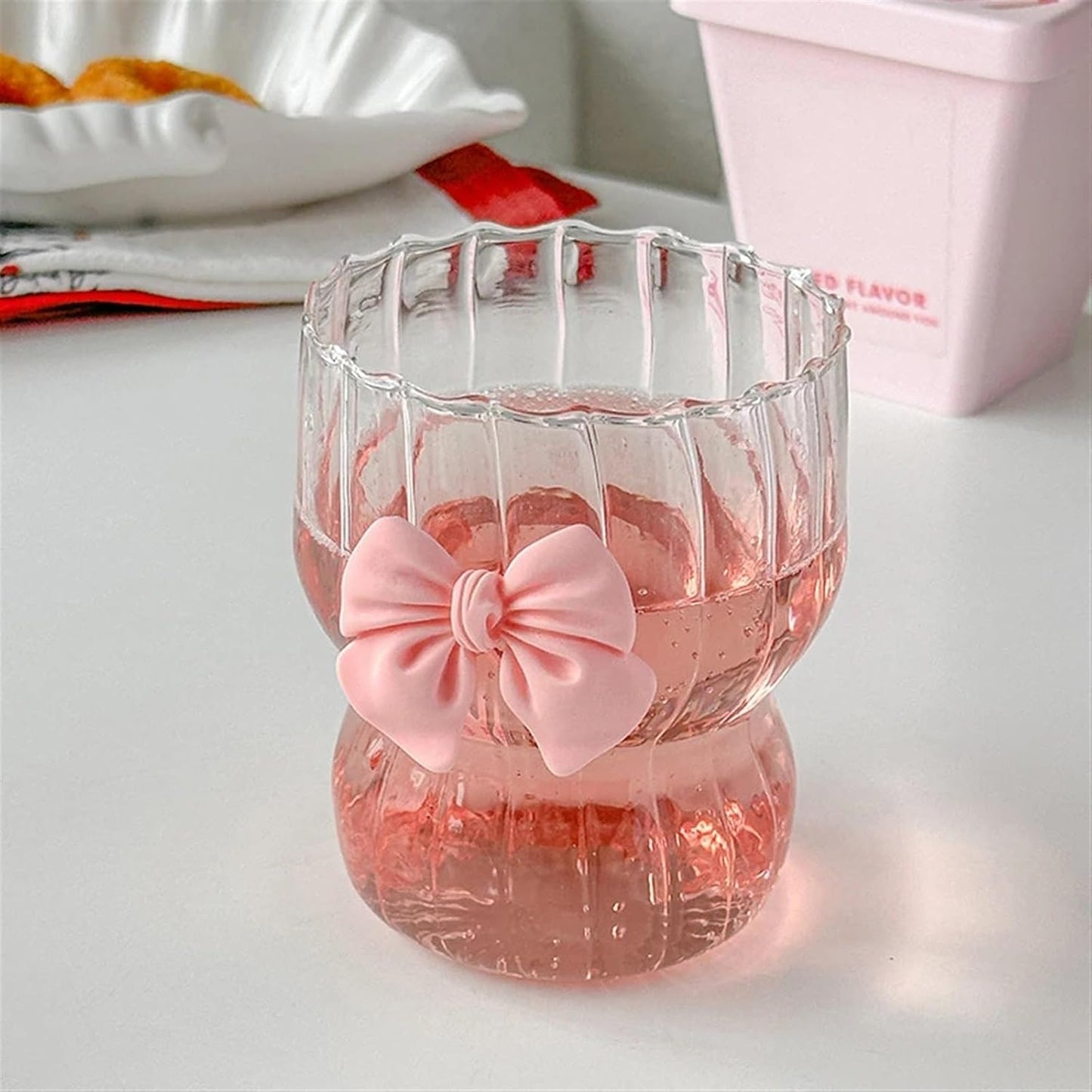 Pink Bow Glass Cup with Striped Design Techmanistan