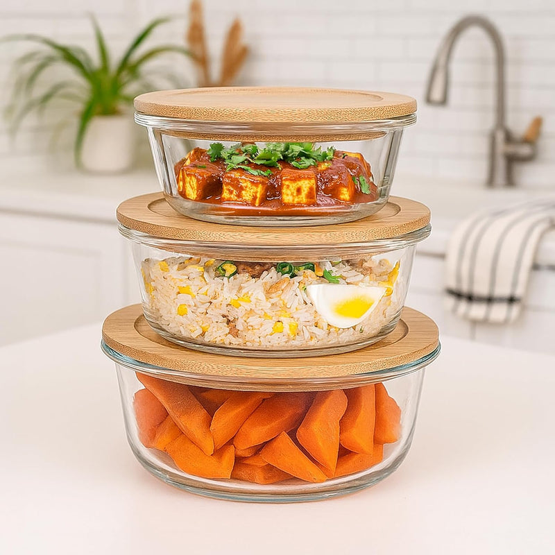 Set of 3 Glass Oven-Safe Containers with Bamboo Wooden Lids