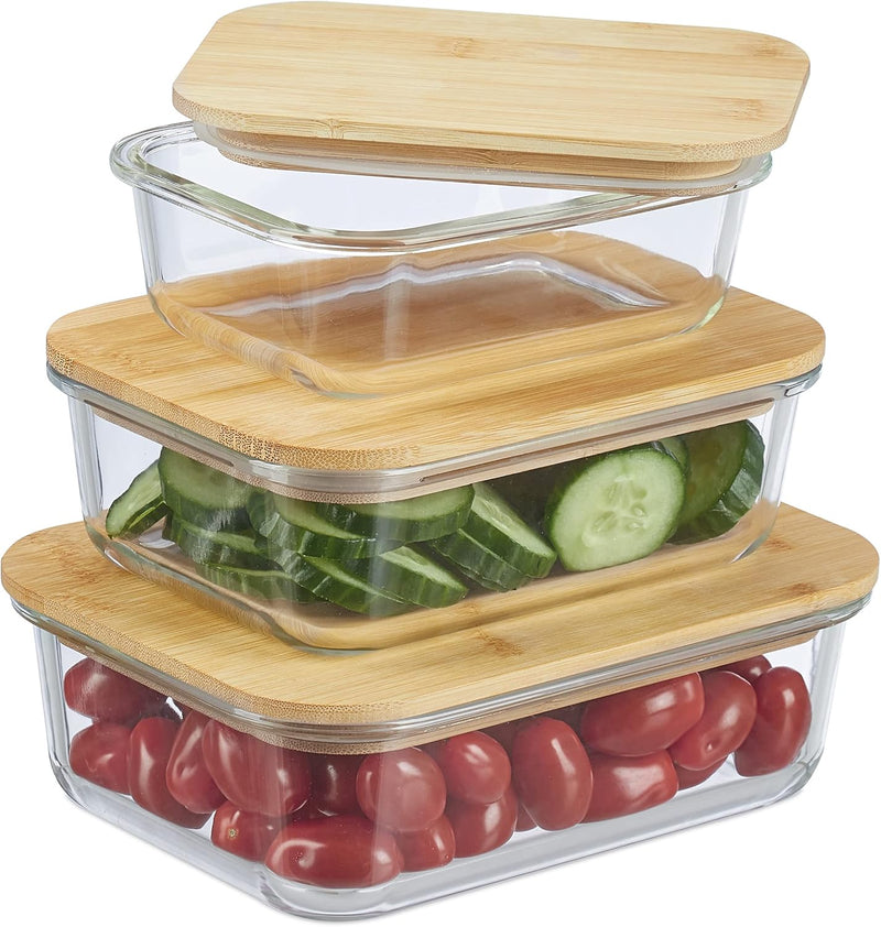 Set of 3 Glass Oven-Safe Containers with Bamboo Wooden Lids