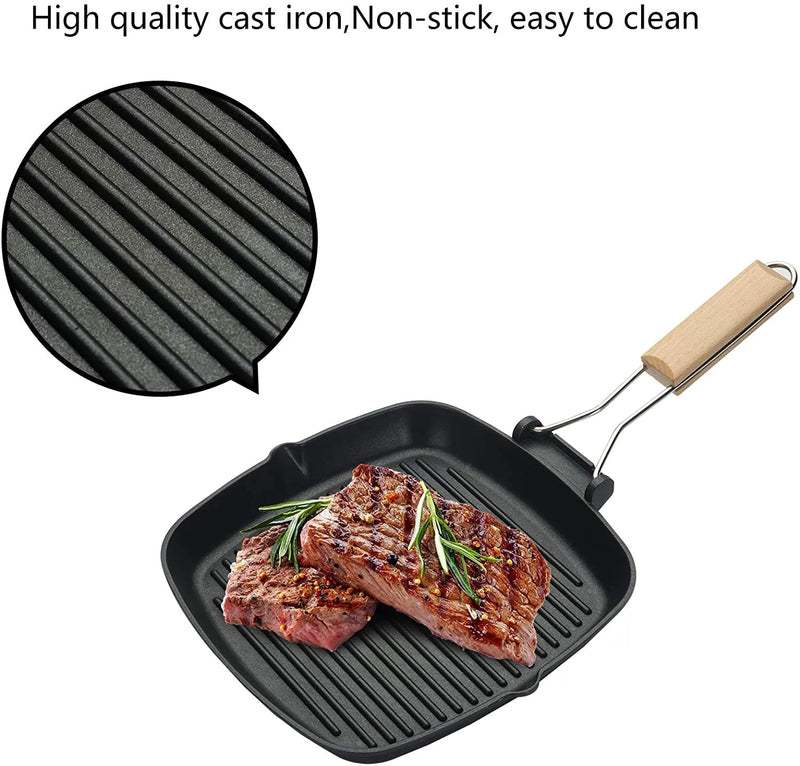 Non-Stick Square Grill Pan With Foldable Wooden Handle