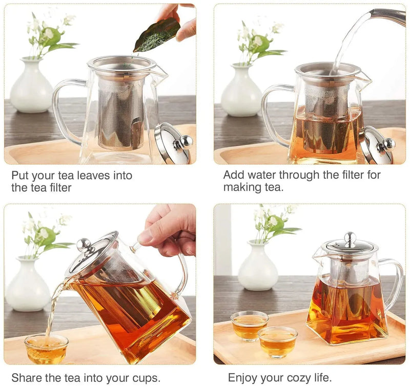 Square Glass Teapot with Heat-Resistant Stainless Steel Infuser Chai Kettle--Techmanistan-Techmanistan