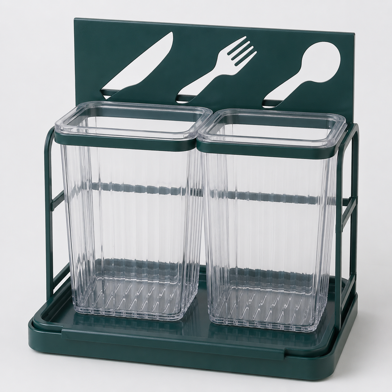 2-Compartment Cutlery Holder with Drain Tray
