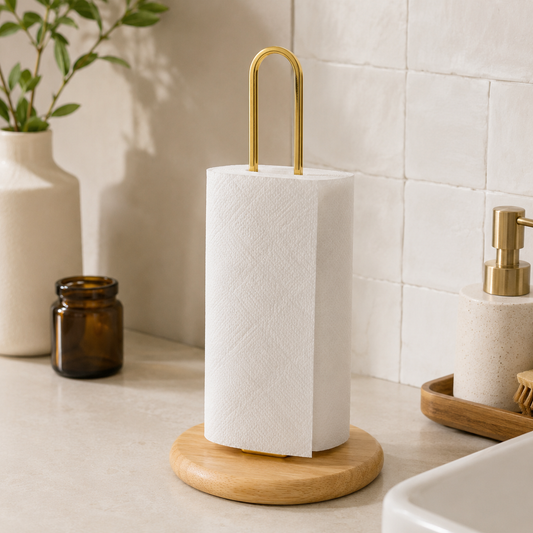 Premium Paper Towel Holder with Wooden Base | Gold & Black