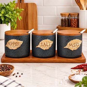 3-Piece Kitchen Spice Jar Set with Wooden Lids & Tray