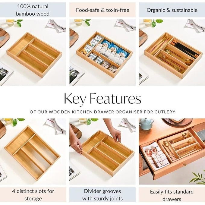 Bamboo Cutlery Drawer Organizer | Bamboo Cutlery Tray With 4 Slots