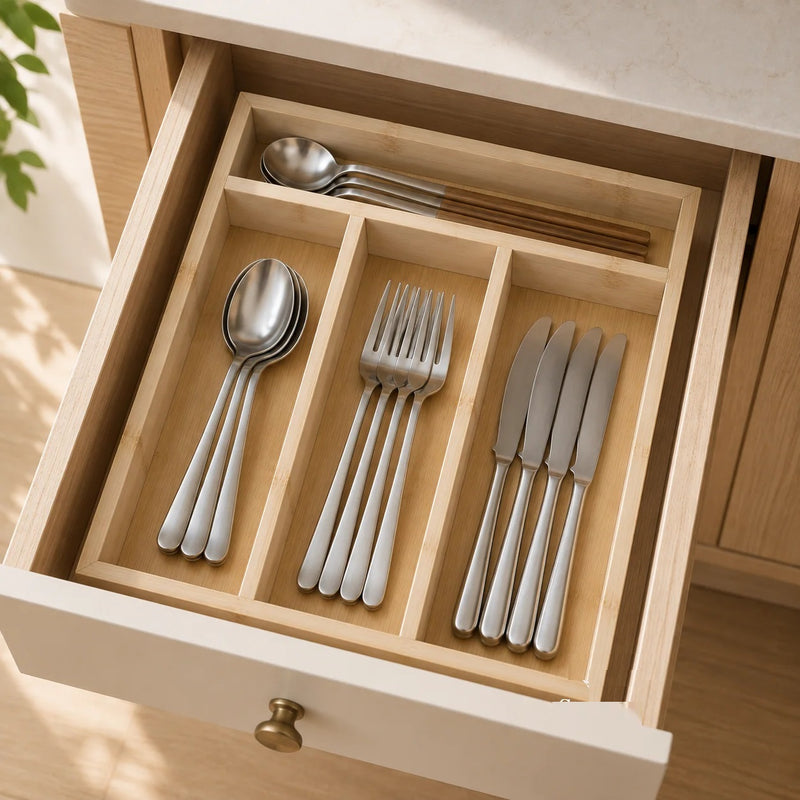 Bamboo Cutlery Drawer Organizer | Bamboo Cutlery Tray With 4 Slots