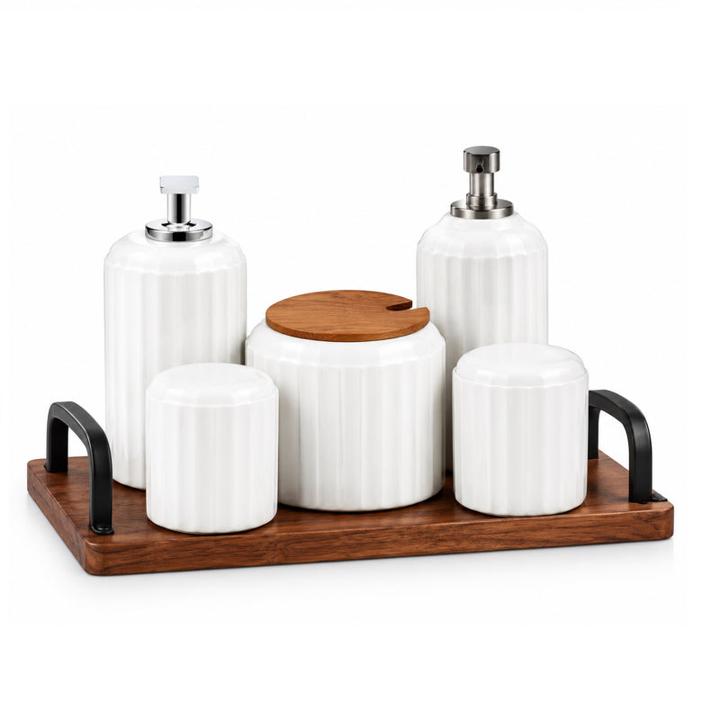 6-Piece White Ceramic Seasoning Jar Set with Wooden Tray
