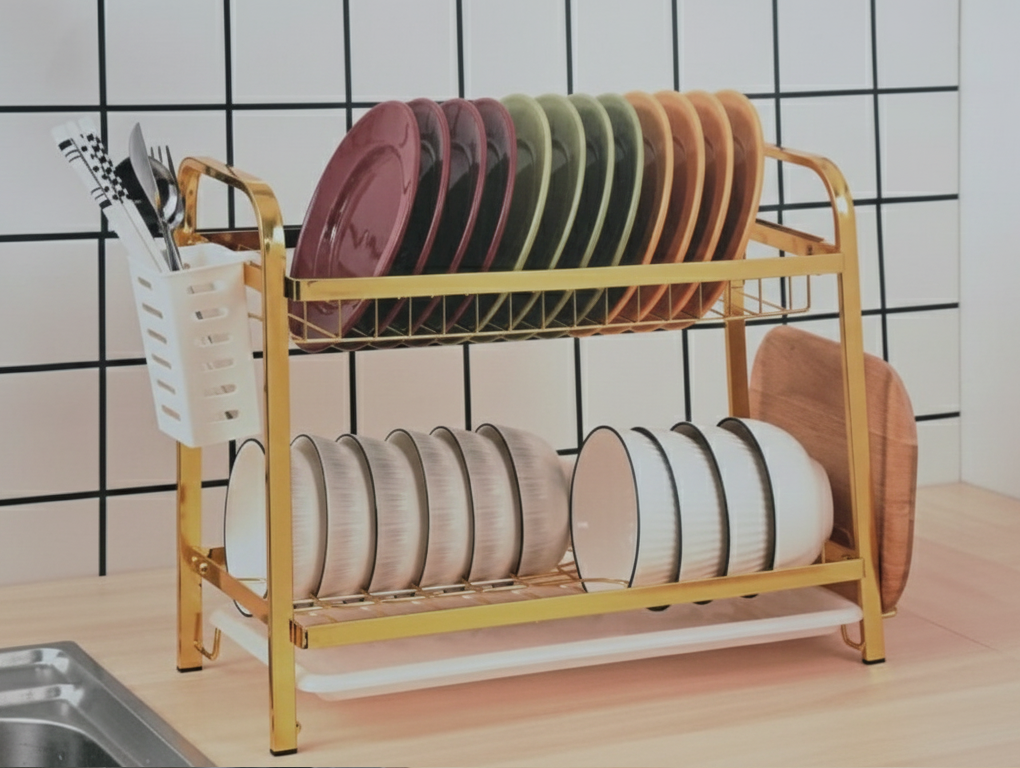 2-Tier Gold Dish Drying Rack with Utensil Holder & Drain Tray