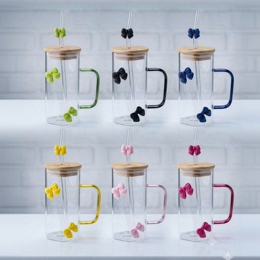 Green Bow Hexagonal Glass Tumbler with Straw