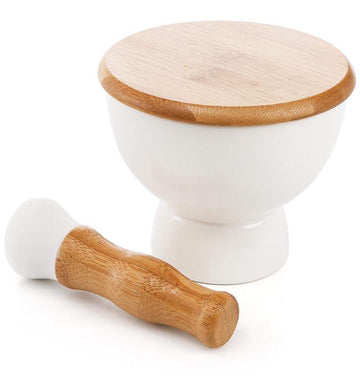 Ceramic Mortar and Pestle Set with Bamboo Lid
