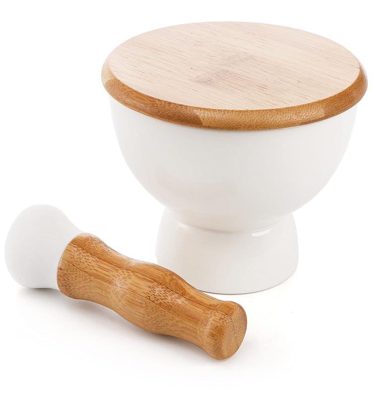 Ceramic Mortar and Pestle Set with Bamboo Lid