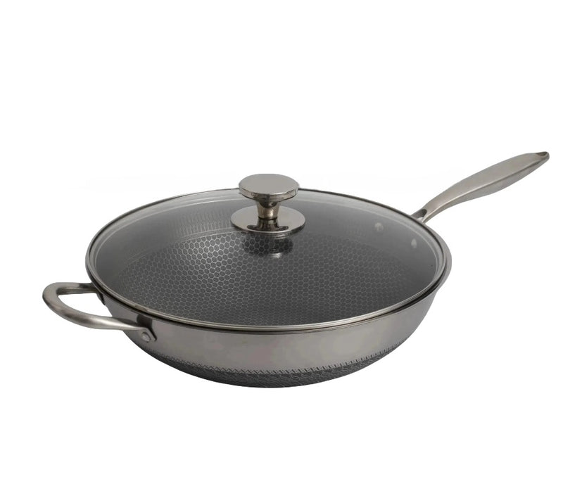 Single Handle Laser Coated Honeycomb Stainless Steel Wok With Lid