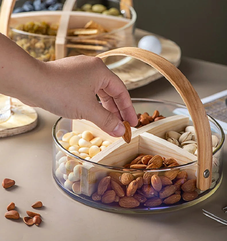 2200ml Nordic Style Glass Basket with Wooden Handle & Divider