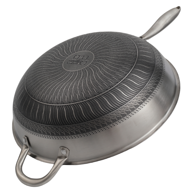 Single Handle Laser Coated Honeycomb Stainless Steel Wok With Lid