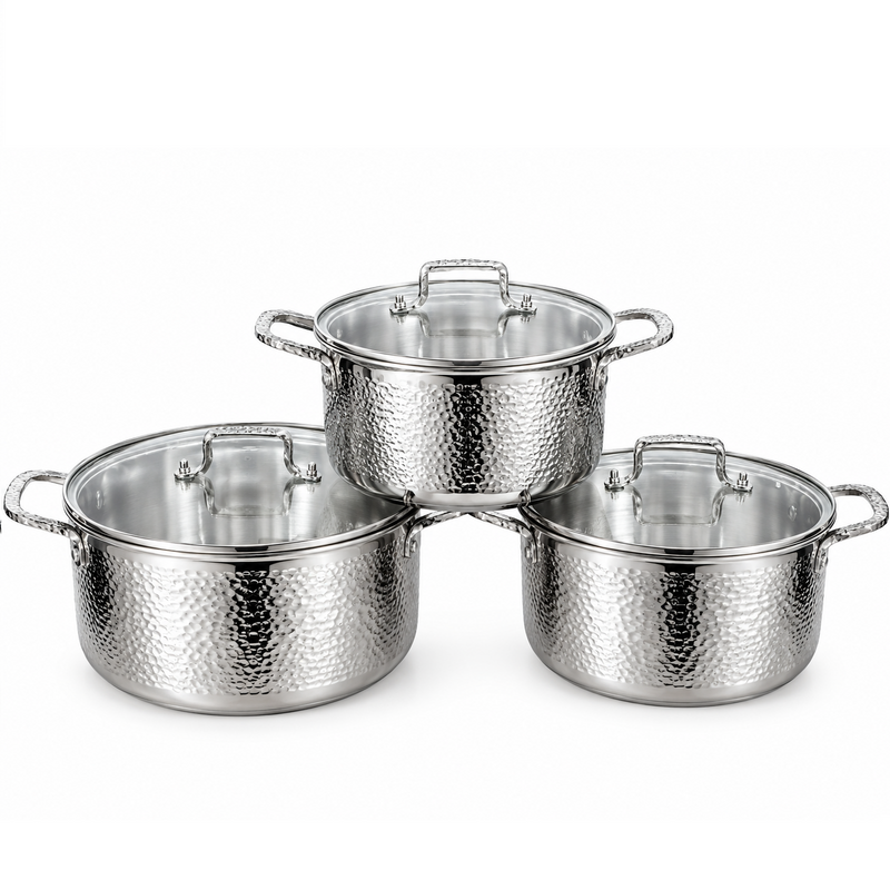 Hammered Design Stainless Steel Cooking Pot Set with Glass Lids