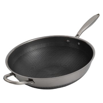 Single Handle Laser Coated Honeycomb Stainless Steel Wok With Lid