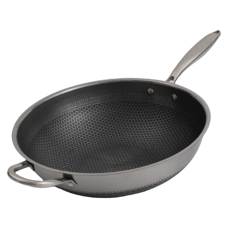 Single Handle Laser Coated Honeycomb Stainless Steel Wok With Lid