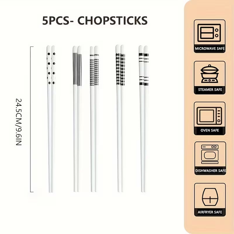 Geometric Pattern Ceramic Chopsticks Set, 5 Pairs
