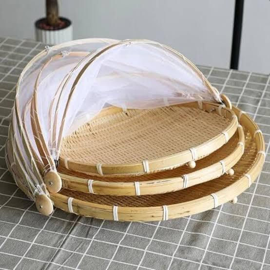 Set of 3 - Food Basket With Mesh Net Cover, Tent Food Serving Basket