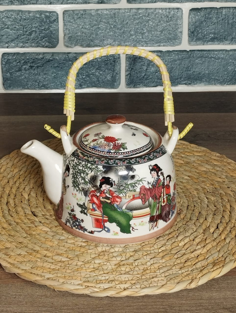 Multicolored Ceramic Teapot With Rattan Handle Techmanistan