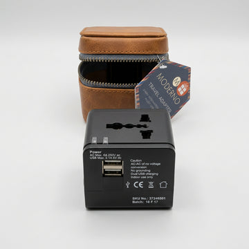 Travel Adapter with Leather Pouch, 3-Way Plugs and 2 USB Ports