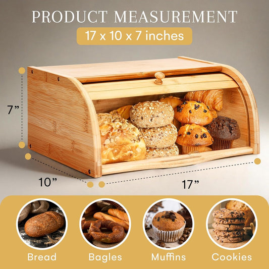 Bamboo Wooden Bread Box – Roll-Top Kitchen Storage Box