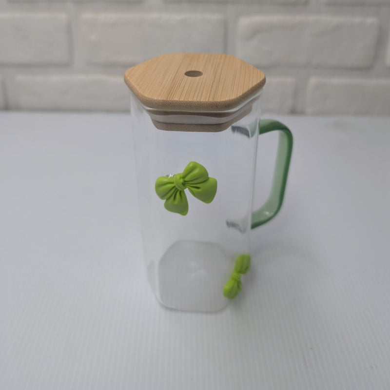 Green Bow Hexagonal Glass Tumbler with Straw